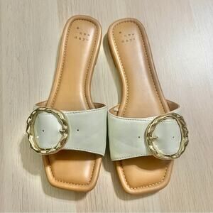 A New Day White and Brown Slide Sandals with Buckle